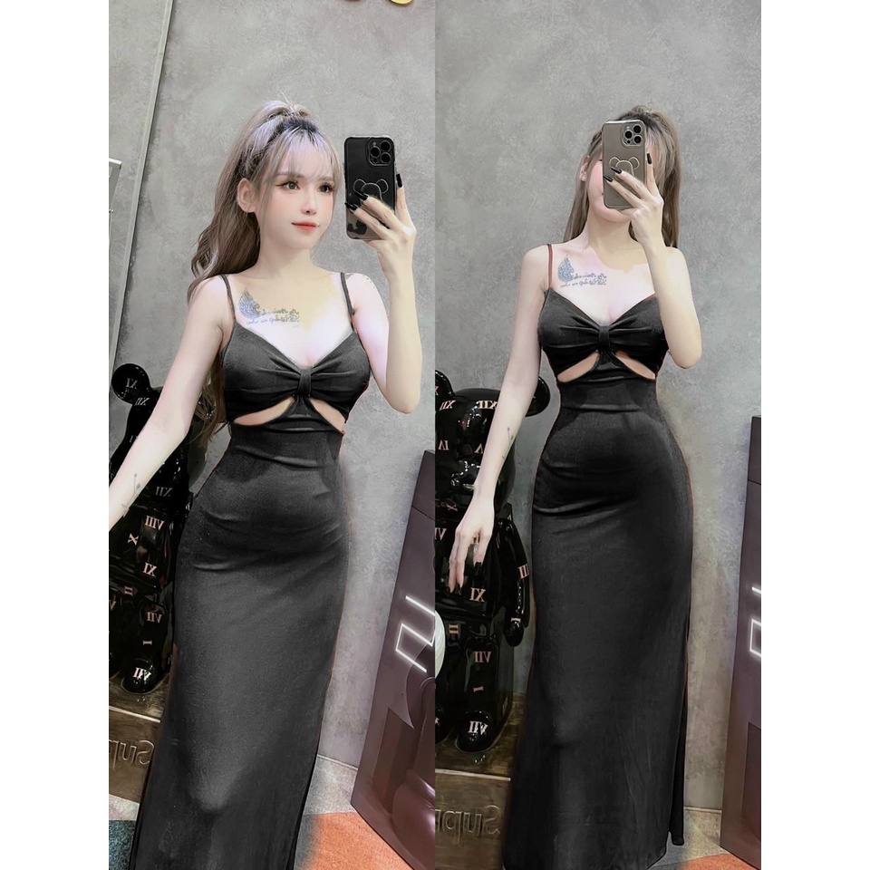 đầm 2 dây cột ngực khoét  hở 2 bên eo sexy thun gân có mút lk