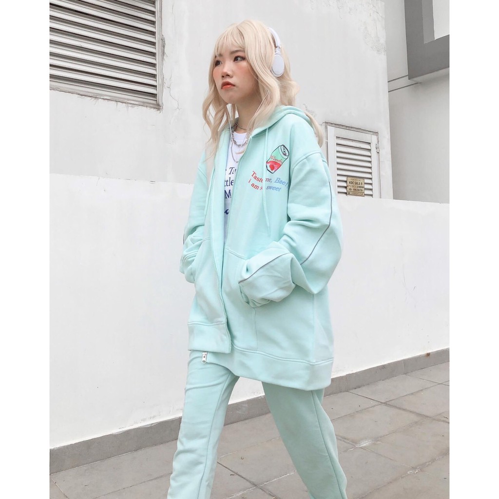 ÁO KHOÁC NỮ FORM RỘNG CHẤT NỈ NGOẠI DÁNG ÁO HOODIE IN HÌNH 2 MÀU HỒNG XANH HOT HIT