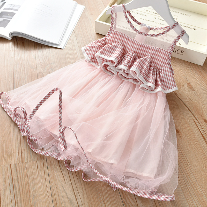 Đầm bé gái Donna's đầm caro viền bèo phối lưới ren xòe phồng màu hồng đầm váy trẻ em