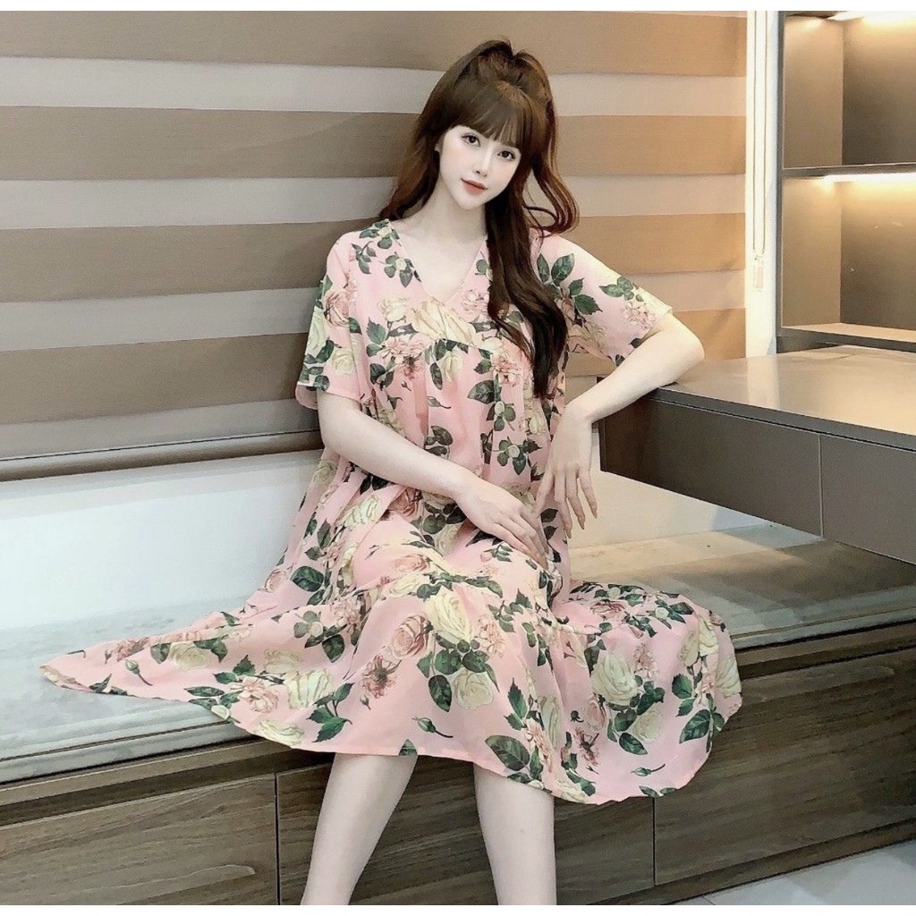 Đầm Bầu Váy Bầu Chất Voan Hai Lớp,Tay Ngắn Dáng Suông Bigsize Dễ Thương Xinh Xắn A075 Lin Store66