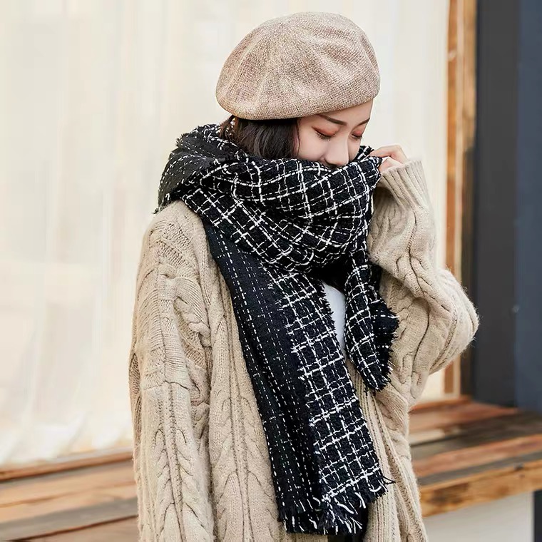 ~Rẻ nhất~ Khăn dạ Tweed Dongdaemun Hàn Quốc quàng cổ mùa đông ấm áp họa tiết kẻ đen trắng phụ kiện đôi nam nữ