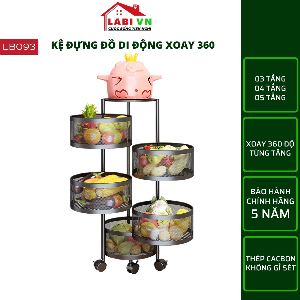 Kệ xoay để đồ nhà bếp đa năng LABIVN LB093 Kiểu trụ có bánh xe di chuyển 360 độ, thép Cacbon 5 lớp phủ Line-X, không gỉ