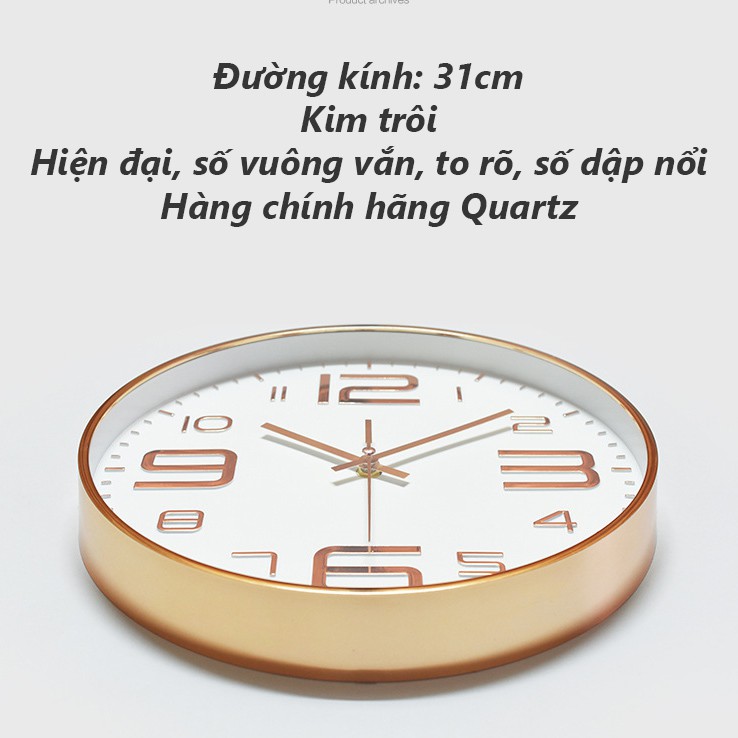 Đồng hồ treo tường Quartz kim trôi cao cấp, số vuông, hiện đại (tặng Pin)