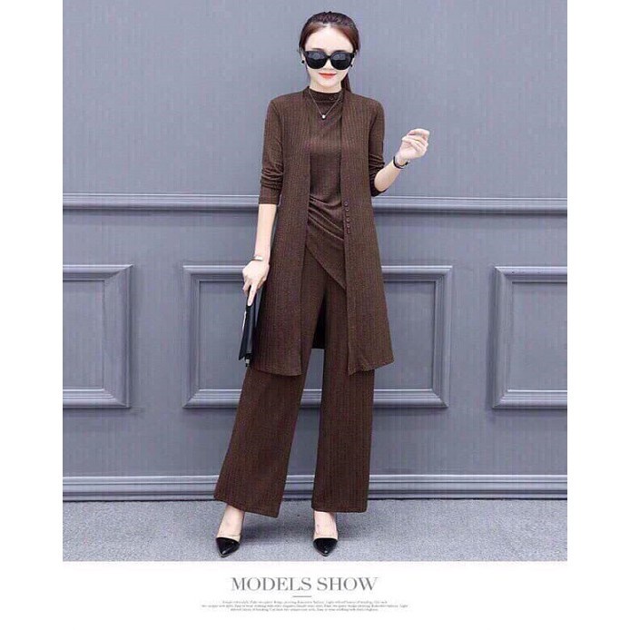 Set Len Quần Dáng Suông - Bộ Quần Áo Len Nữ Dáng Dài 3 Món Rút Gấu Kèm Áo Khoác Phong Cách Tổng Tài