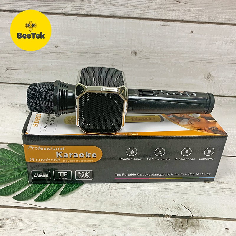 Míc Karaoke Bluetooth/Mic hát MMD SD10 -Tích hợp loa trên thân míc không dây, Siêu bass, Bắt giọng chỉnh tone, Ghi âm