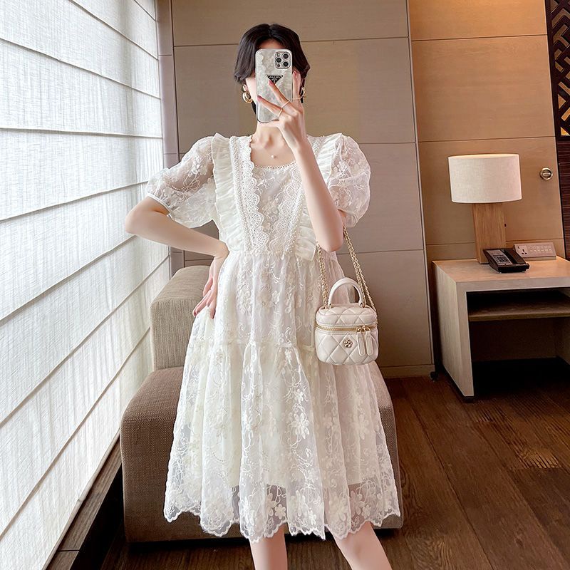 Đầm Bầu Cổ Búp Bê Phối Ren Thêu Họa Tiết Thời Trang Mùa Hè Xinh Xắn