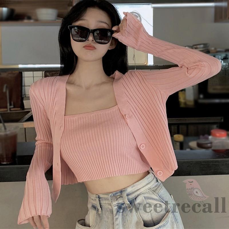 SWT-Áo khoác dệt kim tay dài màu trơn + áo vest dệt kim có gân màu trắng/vàng/đen/hồng/xanh dương