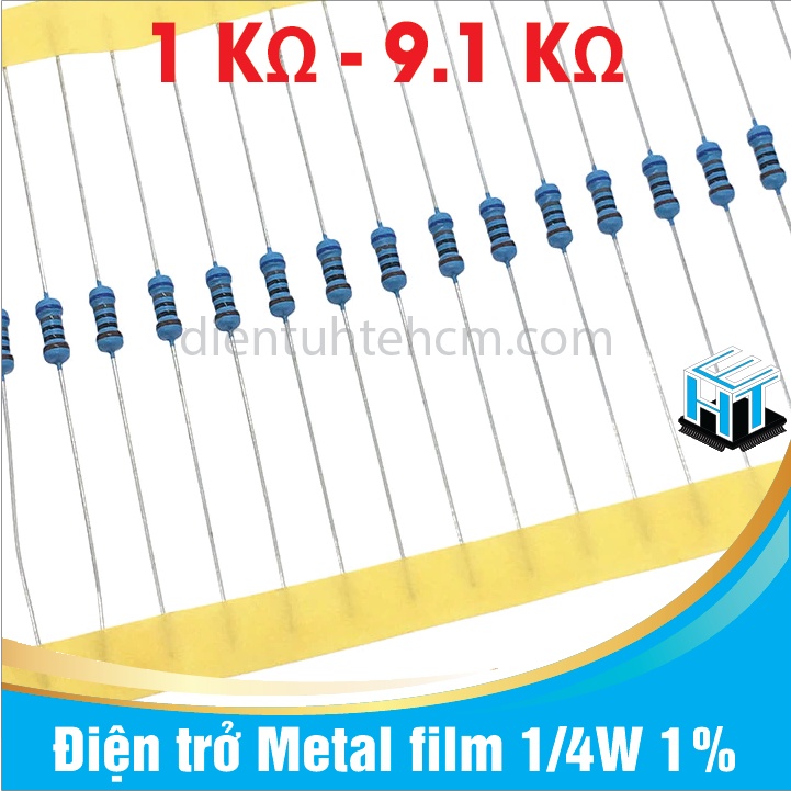 Combo 50 con điện trở  Điện trở Metal film 1/4W 1% 5 vạch màu phân loại từ 1K đến 9.1K