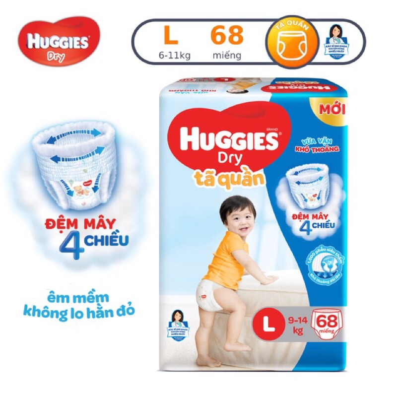 Tã quần Huggies dry êm mềm M74+8/L68+8/Xl62+8