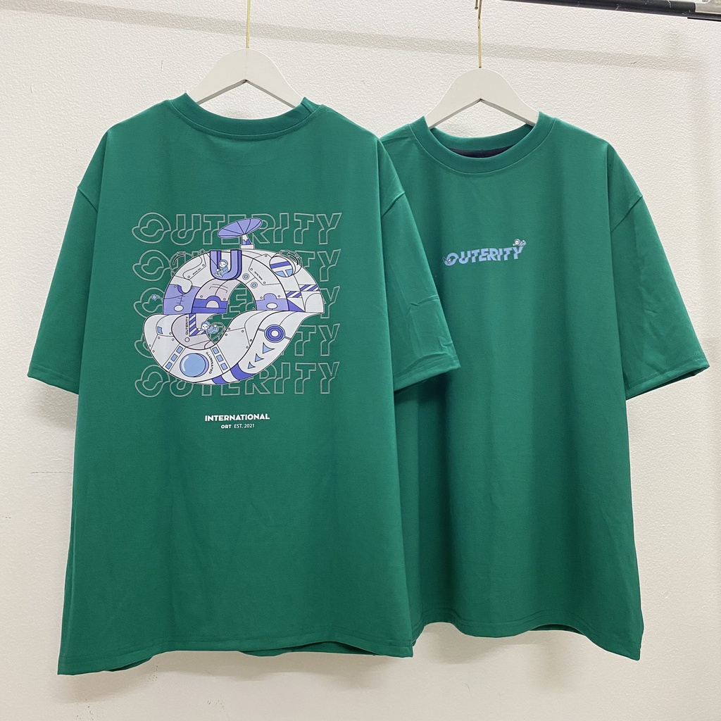 Áo thun tay lỡ OUTERITY SPACE XANH LÁ ĐẬM TO KKIMSHOP , Áo thun unisex nam nữ form rộng oversize chất liệu Cotton Thái