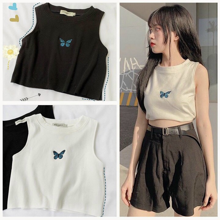 Áo croptop ❄ FREESHIP ❄ Áo thun 3 lỗ thêu bướm xanh XIXO - ATN0034