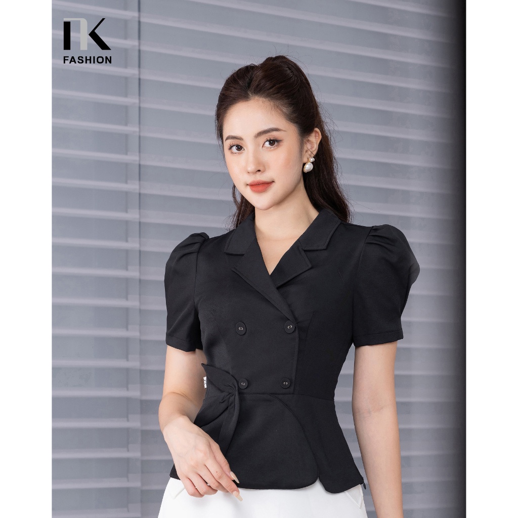 Áo Sơ Mi Nữ NK Fashion Thiết Kế Giao Cúc Cổ Vest Kết Hợp Tay Bồng Chiết Eo, Chất Liệu Nhập Hàn Cao Cấp NKSM2205003