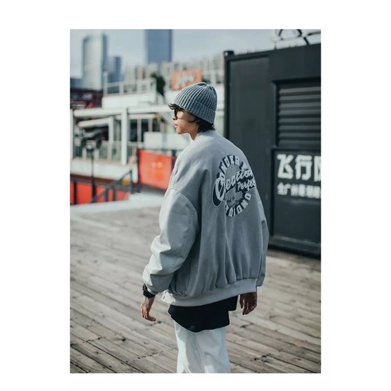 ÁO KHOÁC BOMBER PHỐI TAY DA NAM  NỮ T-A-N FORM RỘNG VAI SỆ-AKD7-Vải Dạ phối Tay Da cực ngầu hình thêu màu xám