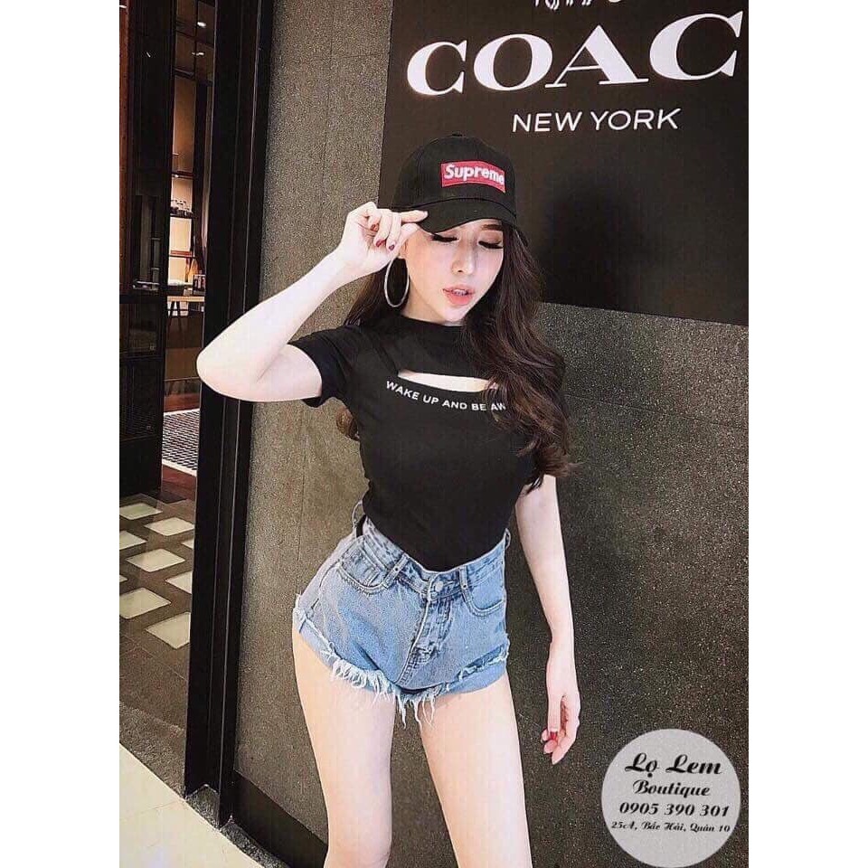 Áo thun croptop kiểu cut out chữ Wake up siêu cá tính chất thun bozip đẹp