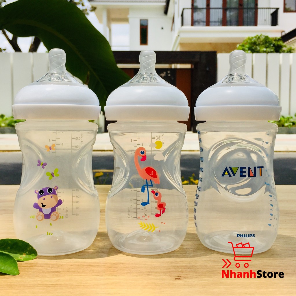 Bình sữa Avent Nautural 260ml Họa tiết Hà mã, Hạc hồng