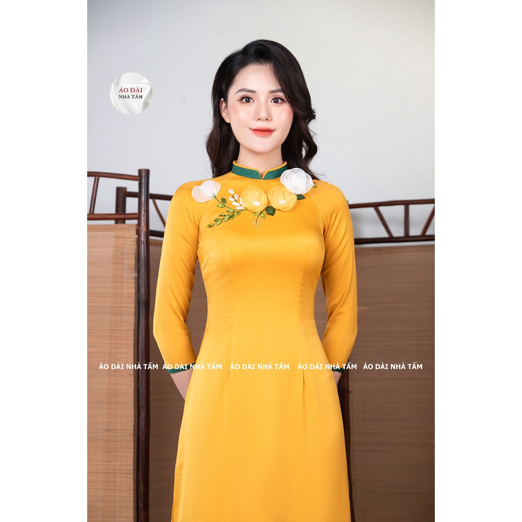 ÁO DÀI TRUYỀN THỐNG THÊU ĐÍNH HOA NỔI, LỤA CAO CẤP NHÀ TẤM - MÃ C9