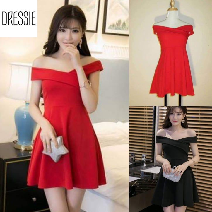Áo Váy Đầm Xòe Trễ Vai DRESSIE Thời Trang Nữ Đẹp Dạo Phố Dự Tiệc Xinh Xắn - DX81 (Đen - Đỏ)