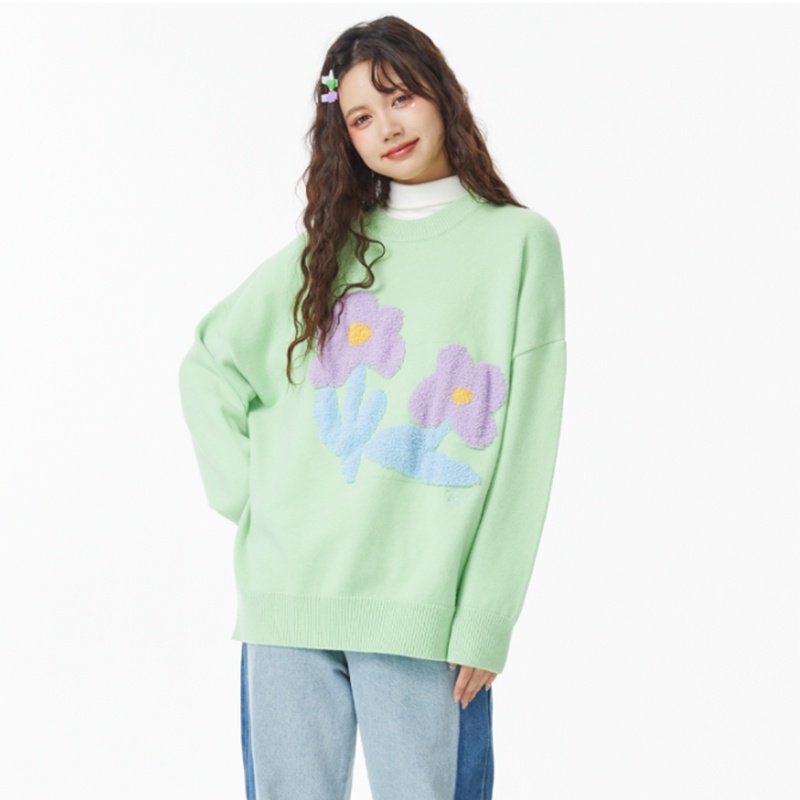 Áo sweater IELGY dệt kim cổ tròn in hoa phối màu tương phản dễ thương cho nữ