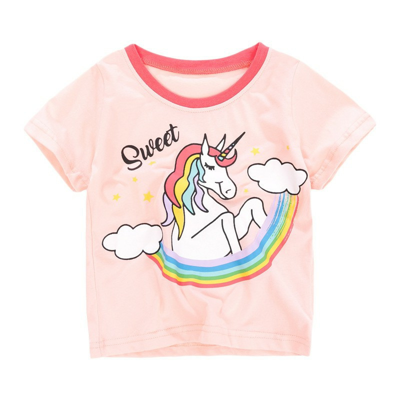 Áo thun cộc tay bé gái chính hãng LITTLE MAVEN - mẫu ATE079 ÁO MÀU HỒNG IN HÌNH UNICORN CẦU VỒNG