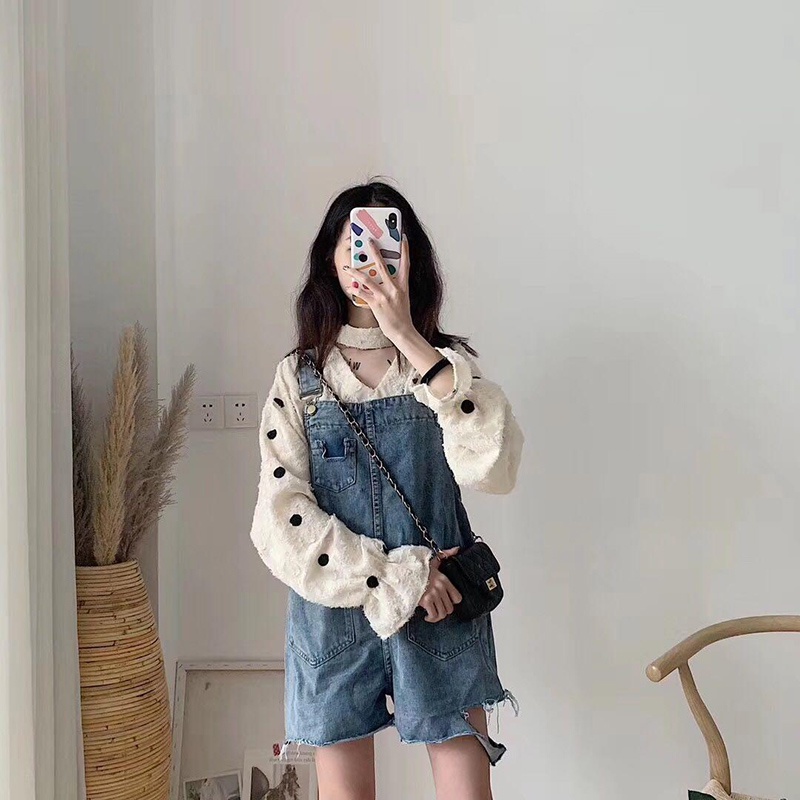 Quần yếm jean IELGY dáng ngắn ống rộng phong cách Hàn Quốc cổ điển dành cho nữ