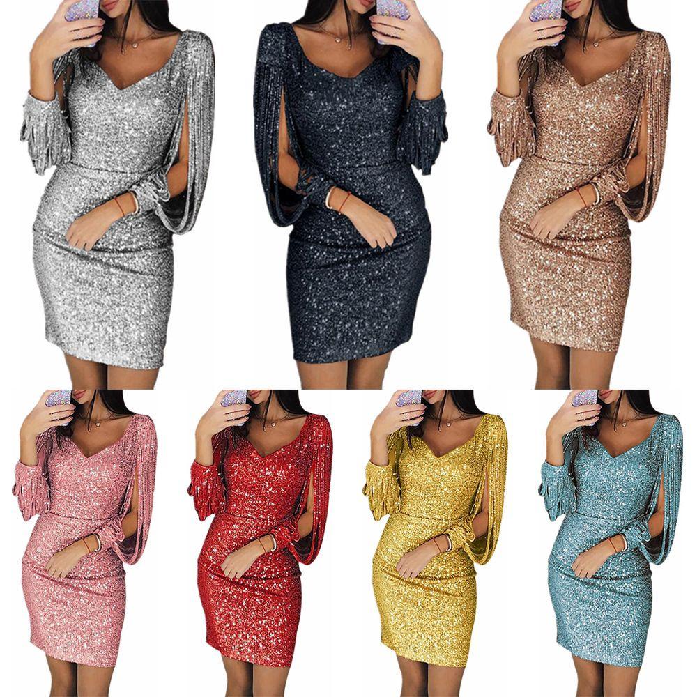 Đầm Midi Tay Dài Cổ Chữ V Phối Tua Rua Thời Trang Quyến Rũ Cho Nữ