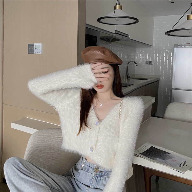 IELGYÁo Khoác Dệt Kim Dáng Rộng Cổ Chữ V Màu Trắng Thời Trang Cho Nữ