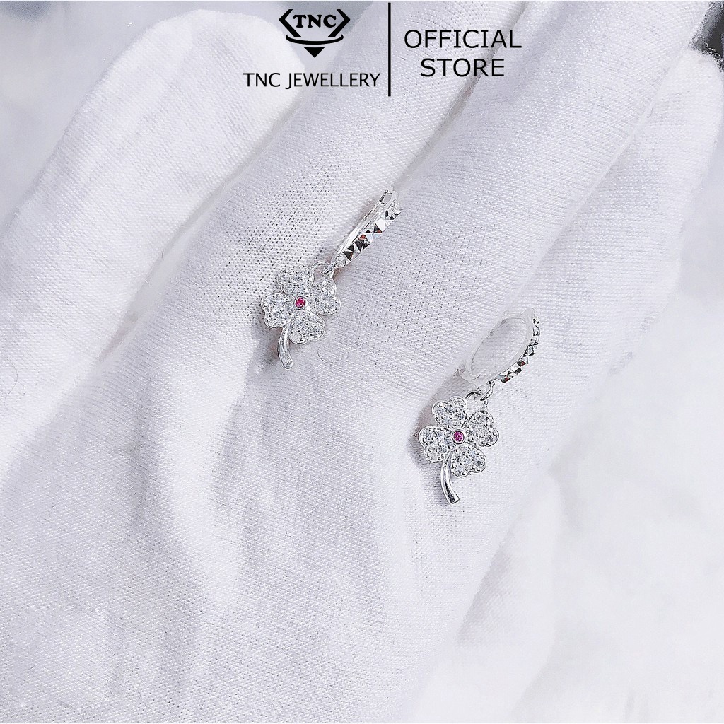 Khuyên Tai Bạc, Bông Tai Bạc 925 Cỏ 4 Lá Khoen Tròn Bông Thả- Trang Sức TNC JEWELLERY