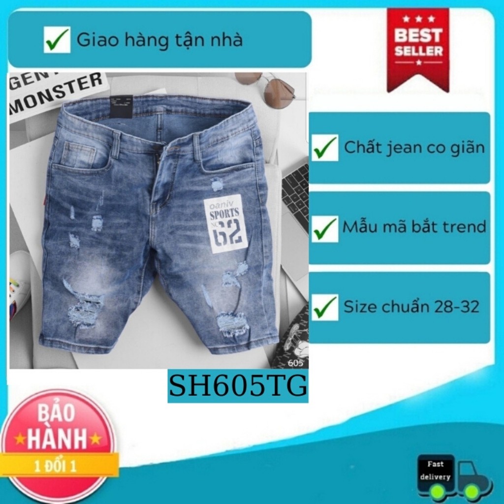 Quần Short Nam VNXK SH605TG Short Jean Nam Xanh rách họa tiết đùi phong cách (44-70KG)