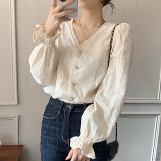 Áo Sơ Mi Dài Tay Cổ Chữ V Phối Ren Xinh Xắn Dành Cho Nữ