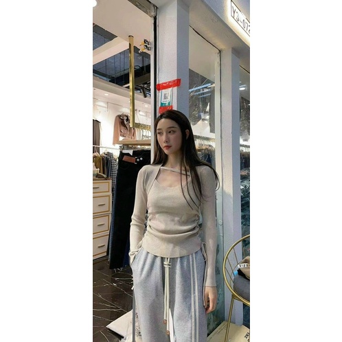 Áo len tăm nữ cổ vuông rút dây nhún 2 bên sườn, dây chéo ngực | BigBuy360 - bigbuy360.vn