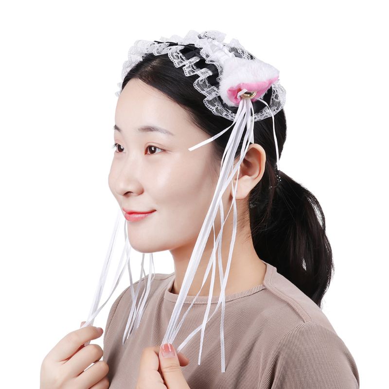 Băng Đô Tai Mèo Bằng Lông Giả Phối Ren Tua Rua Dễ Thương Dành Cho Nữ