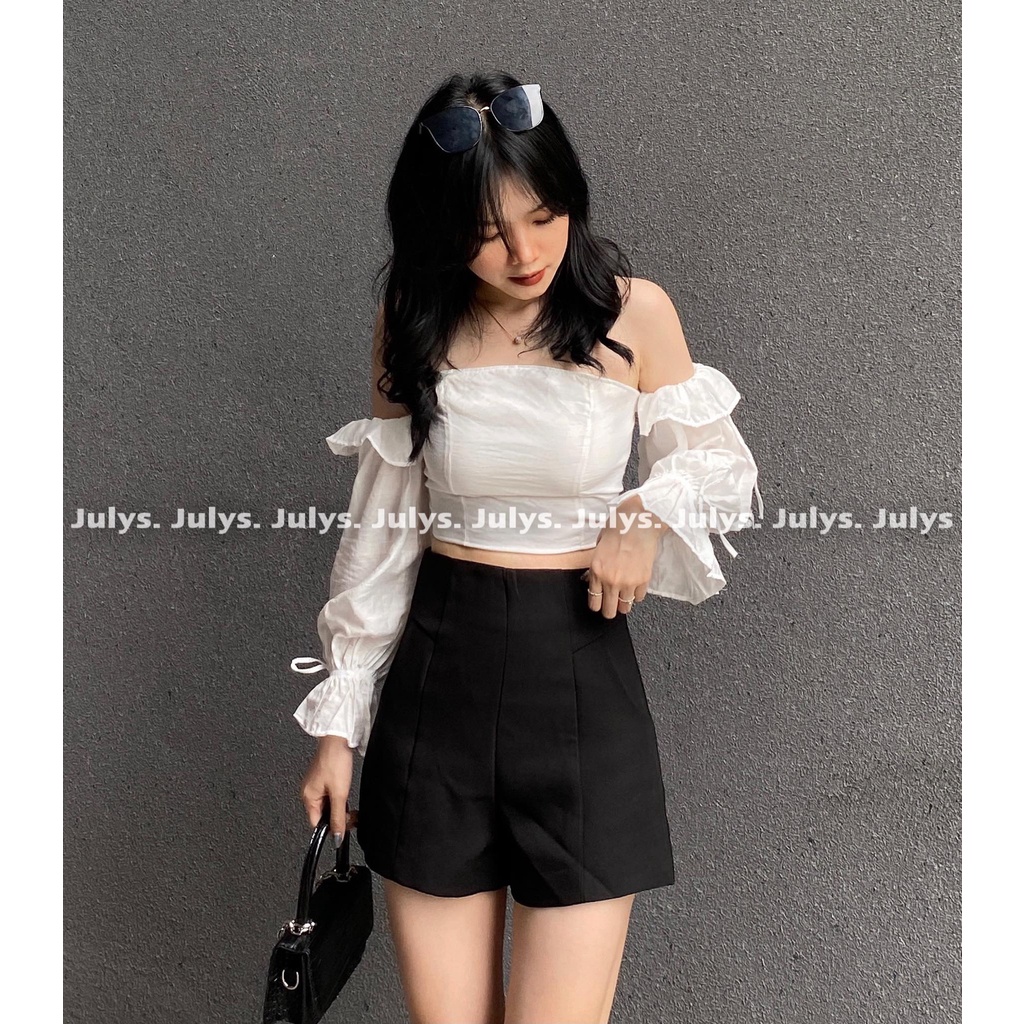 Áo croptop đũi trễ vai tay bồng (ảnh thật kèm video)