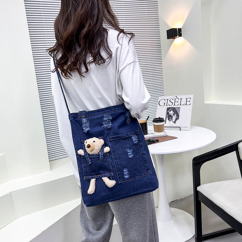 Túi Đeo Vai Vải Denim Sức Chứa Lớn Mẫu 2022 Mới In Họa Tiết Gấu Dễ Thương Cho Học Sinh