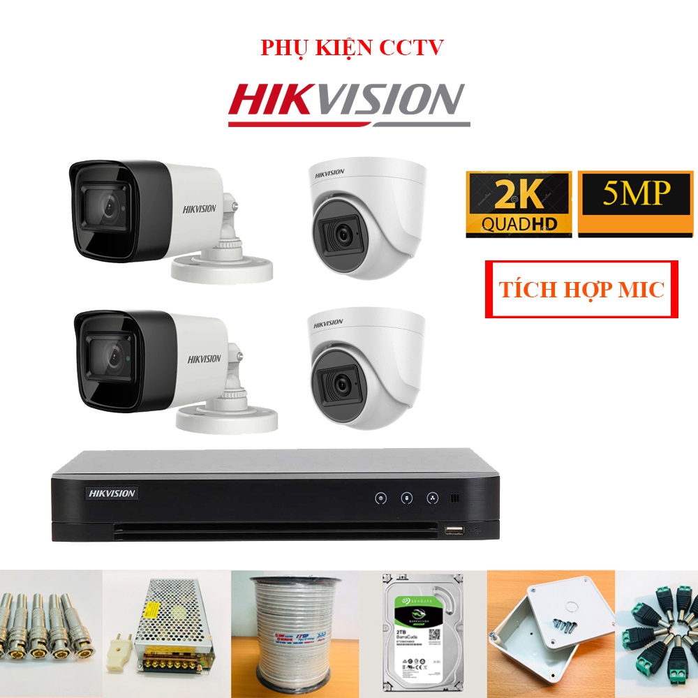 Bộ camera Hikvision 5mp 4 mắt tích hợp mic thu âm hàng chính hãng