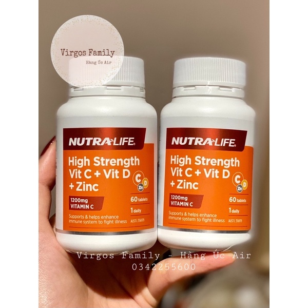 Viên uống tăng đề kháng Nutralife High Strength Vit C + Vit D + Zinc 60 viên
