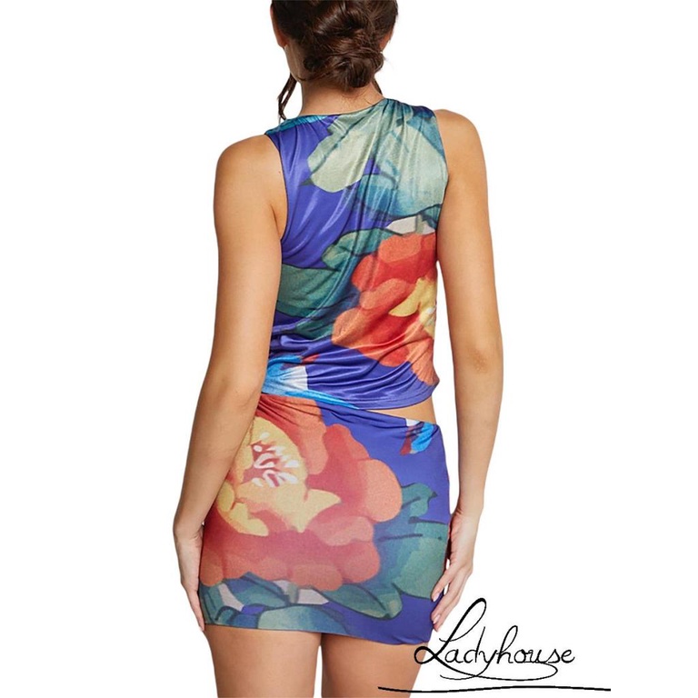 Bộ Áo Croptop 2 Dây Cổ Tròn + Chân Váy Ngắn Ôm Hông Họa Tiết Hoa Phong Cách Retro Mùa Hè Cho Nữ