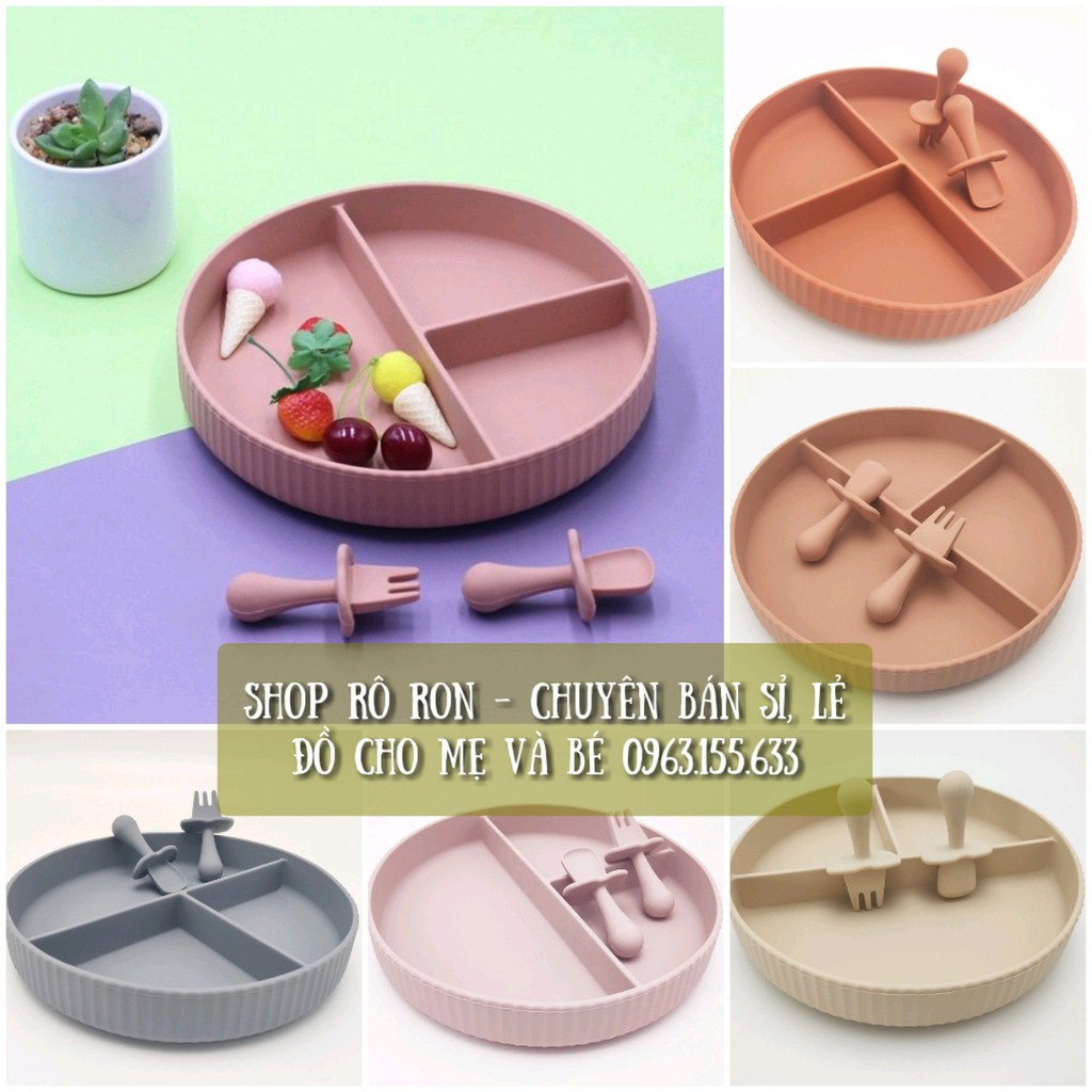[TẶNG THÌA + RĨA SILICON] KHAY ĂN DẶM SILICON HÀN QUỐC CAO CẤP 3 NGĂN ĐẾ CHỐNG TRƯỢT