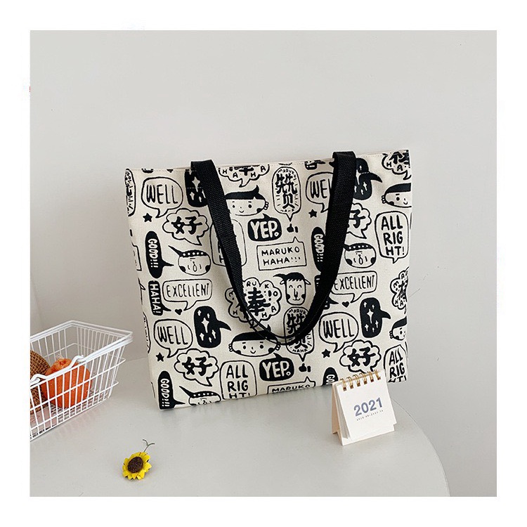 Túi tote HAZIN vải canvas phối quai đen ulzzang unisex đi học đi làm có khoá miệng ngăn phụ nhỏ đựng vừa khổ a4