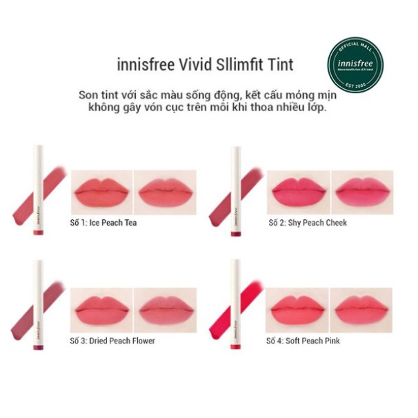 Son môi lâu trôi [innisfree] Vivid Slimfit Tint Màu số #4 Peach Pink – hồng cam (0.6g)