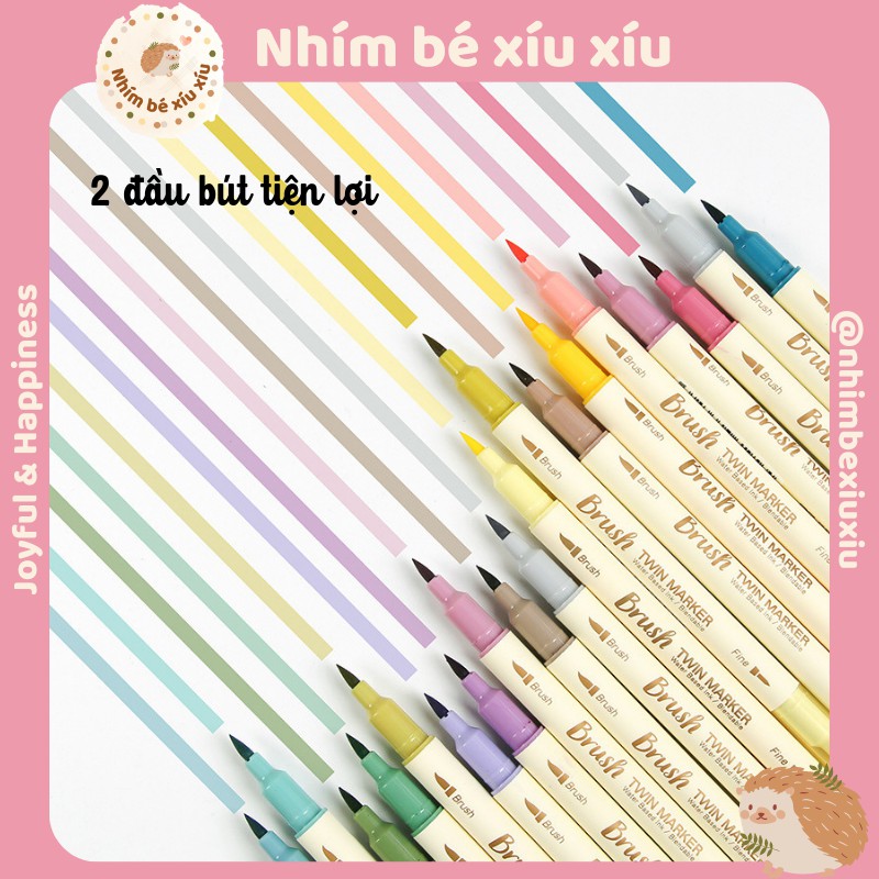 Set 3 bút lông 2 đầu TWIN MARKER BRUSH PEN viết calligraphy nét thanh nét đậm nhimbexiuxiu VT339