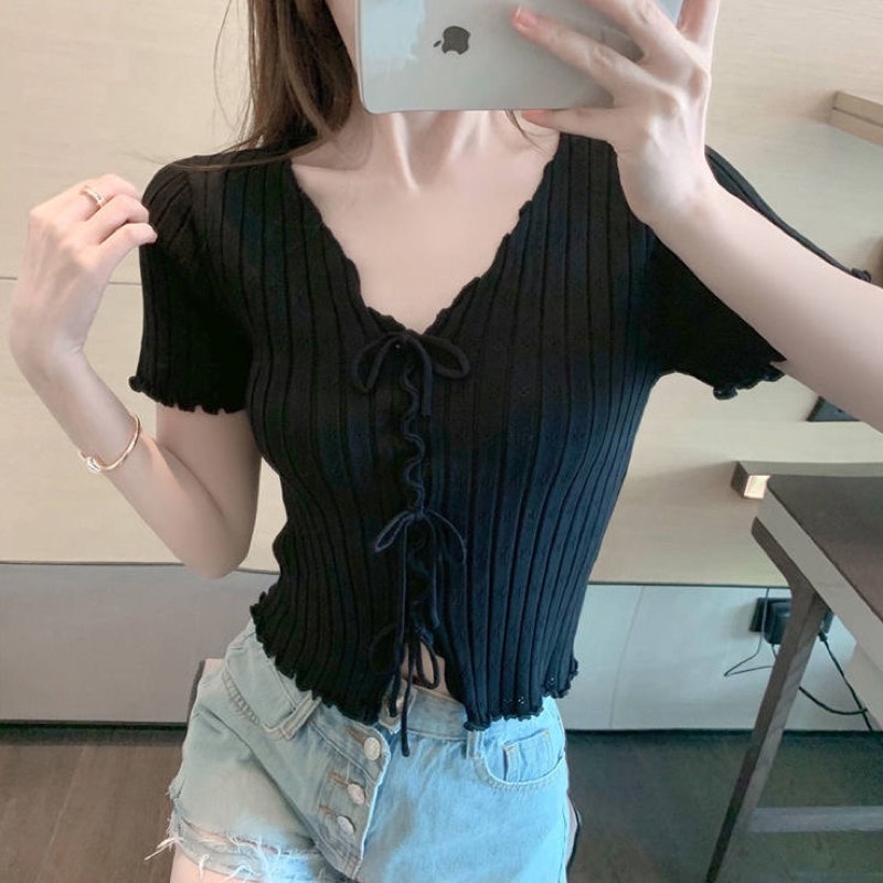 Áo Croptop Nữ Màu Đỏ Trắng Hồng Đen Cổ Tim Ngắn Tay Phối Bèo Tiểu Thư Phong Cách Hàn Quốc Hàng Quảng Châu Loại 1
