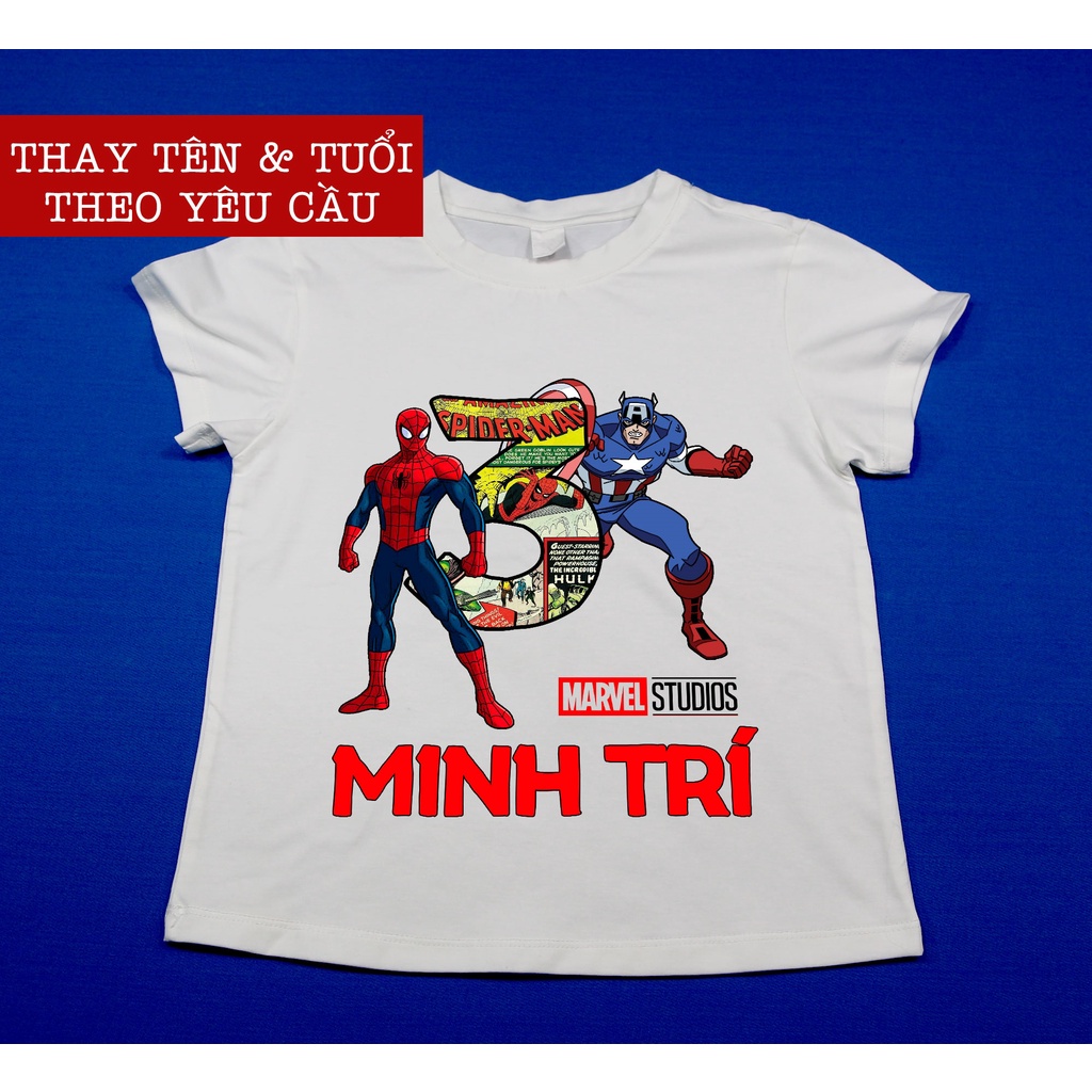 Áo thun người nhện, đội trưởng mỹ thiết kế theo tên và tuổi của bé, vải cotton đẹp cao cấp, áo phông quà tặng sinh nhật
