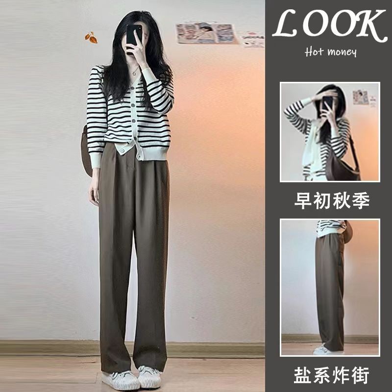 Bộ Áo Cardigan Dệt Kim Dáng Rộng Phối Quần Ống Rộng Kiểu Hàn Quốc Thời Trang Xuân Thu Cho Nữ