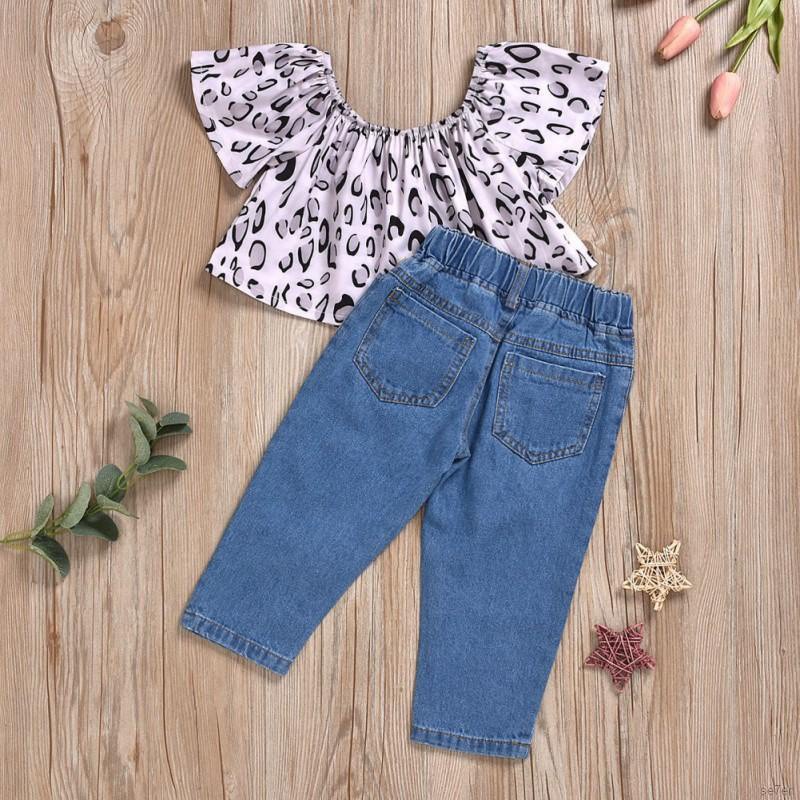 Bộ Áo Cotton Tay Ngắn In Họa Tiết Da Báo Hoạt Hình + Quần Denim Dành Cho Bé Gái 0-4 Tuổi