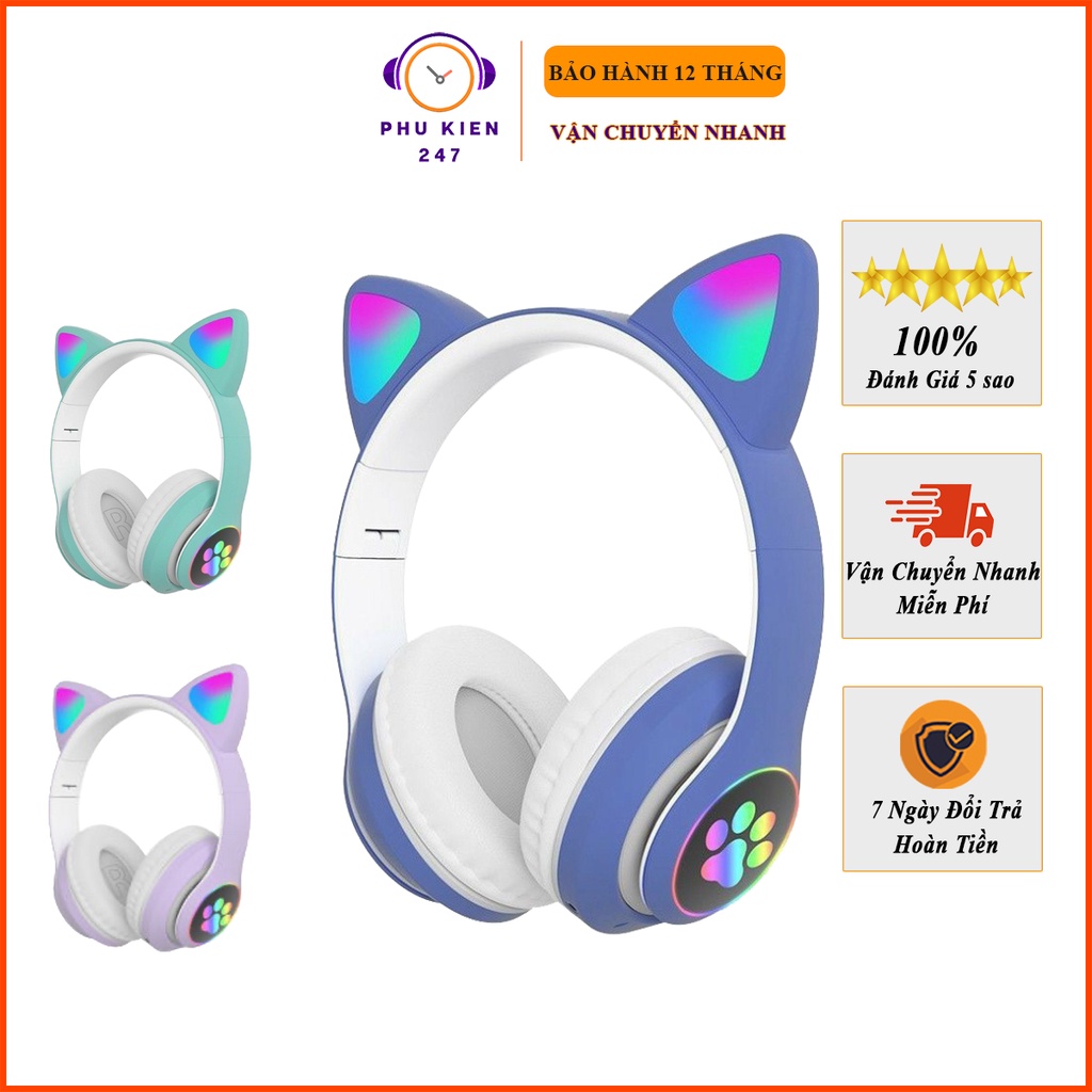 Tai Nghe Mèo Kết Nối Bluetooth Chụp Tai, Tai Nghe Chụp Tai Hình Tai Mèo Dễ Thương Có Mic Âm Bass Mạnh Mẽ Chống Ồn Cute