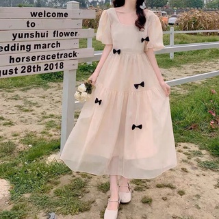 Summer square neck dress with puff sleeves and bow design Korean long dress