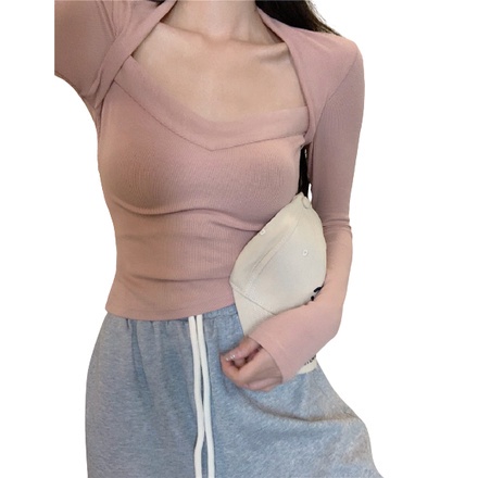 QKOOLE  Áo thun tay dài cổ chữ V màu trơn phong cách Hàn Quốc thời trang cho nữ