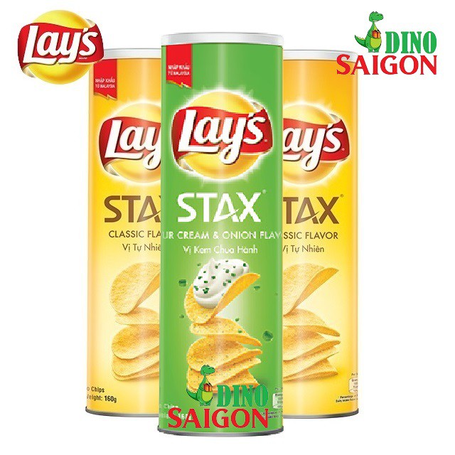 Combo 3 Hộp Bánh Snack Khoai Tây Lay's Stax Malaysia 160g gồm 2 vị Tự nhiên và 1 vị Kem chua hành