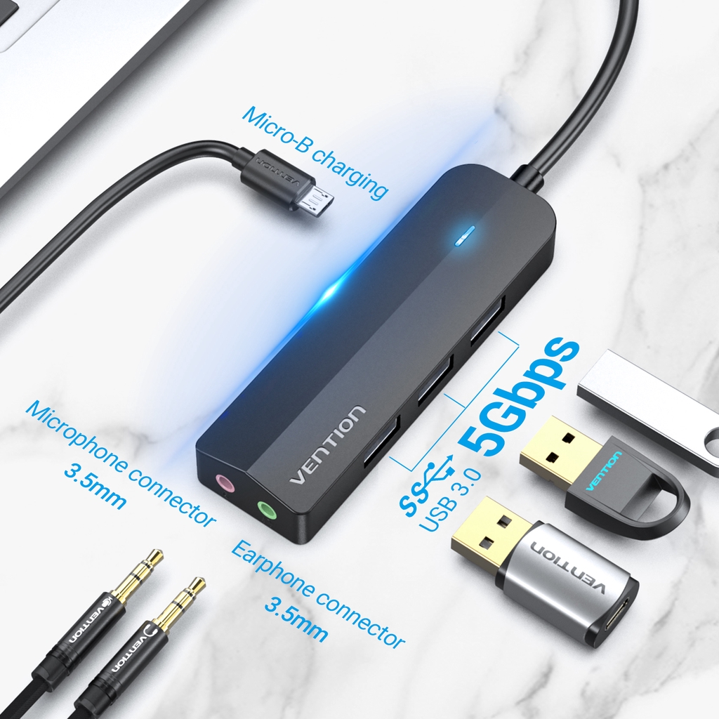 Hub chia cổng chuyển đổi âm thanh Vention 3 cổng USB 3.0 tốc độ cao 5Gbps chuyên dụng cho PC Laptop