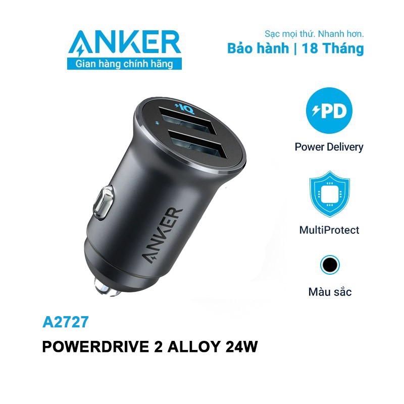 Sạc ô tô Anker POWERDRIVE 2 ALLOY 2 cổng USB công suất 24W-A2727 bảo hành 18 tháng Anker Việt Nam